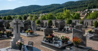 Cimetière avec concessions funéraires et monuments en granit, vue sur la vallée de la Bruche et les Vosges