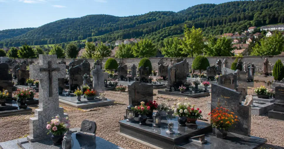 Cimetière avec concessions funéraires et monuments en granit, vue sur la vallée de la Bruche et les Vosges