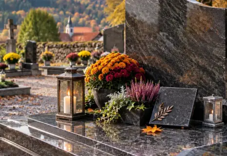 Tombe fleurie de chrysanthèmes pour la Toussaint dans un cimetière de la vallée de la Bruche