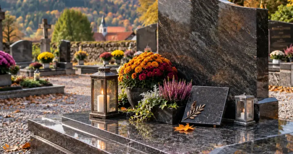Tombe fleurie de chrysanthèmes pour la Toussaint dans un cimetière de la vallée de la Bruche
