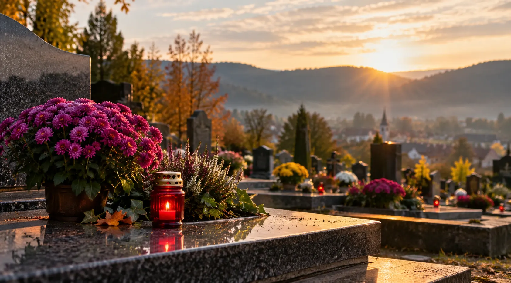 Tombe en granit fleurie de chrysanthèmes et de bruyère avec un lumignon pour la Toussaint, dans un cimetière de village du Bas-Rhin